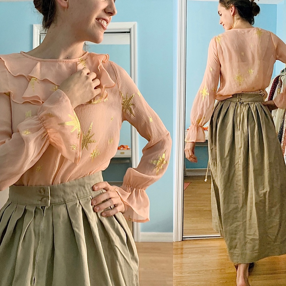 For Love And Lemons Peach Sheer Ruffle Blouse with Gold Foil Stars